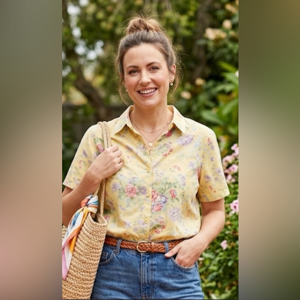 Short-Sleeve Yellow Floral Button-Down Shirt